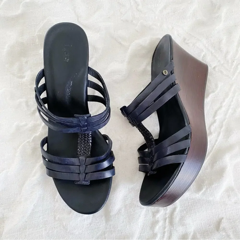 Ugg Black Mattie Leather PlatformWedge Sandal Size 9W